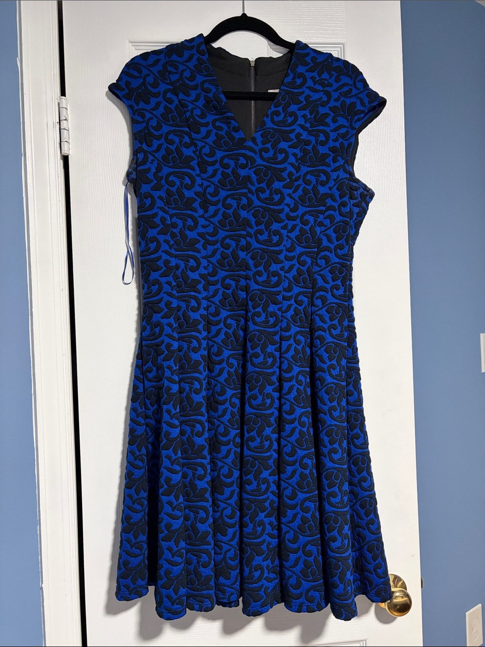 dressbarn Royal Blue and Black Fit-and-Flare V-Neck Dress